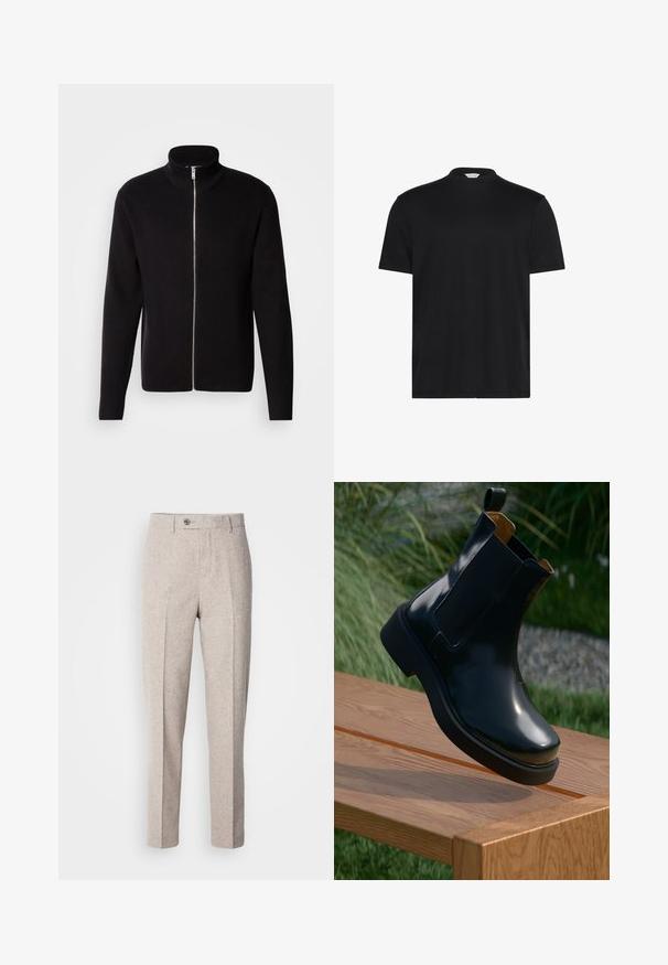 Lindbergh ZIP CARDIGAN - Cardigan - black; Sort T-shirt med en kort, høj halsudskæring. Fremstillet af blødt stof, den har korte ærmer og en afslappet pasform uden bemærkelsesværdige mønstre eller accenter.; Lys beige uldslynger med en glat tekstur, lige snit, frontfolder og en enkelt knaplukning i taljen.; Sorte læder chelsea støvle med glat finish, elastiske sidepaneler, rund tå og tyk gummisål, placeret ovenfor en træoverflade.
