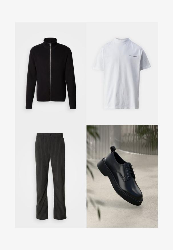 Lindbergh ZIP CARDIGAN - Vest - black; Witte katoenen t-shirt met een hoge hals en korte mouwen. Voorzien van het 'SAMSØE SAMSØE' logo in het zwart op de voorkant. Glad van textuur.; Zwarte broek met streepjes en een rechte snit. Beschikt over een gladde textuur, een sluiting met knoop aan de voorkant en riemlussen.; Zwarte leren schoen met een ronde neus, vetersluiting en een dikke rubberen zool met een gestructureerde rand. Strakke afwerking en minimale hardware.