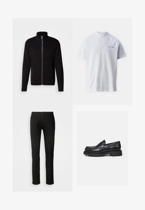 Lindbergh ZIP CARDIGAN - Kardigán - black; Biely bavlnený tričko s vysokým výstrihom a krátkymi rukávmi. Na prednej strane sa nachádza logo "SAMSØE SAMSØE" v čiernej farbe. Hladká textúra.; Čierne denimové nohavice so streight leg dizajnom, ktoré majú dve predné vrecká a zapínanie na gombík. Hladká textúra a čisté prevedenie.; Čierny kožený mokasín s hrubou rebrovanou podrážkou a detailom popruhu na mincu, zobrazený pravý bočný profil na bielom pozadí.
