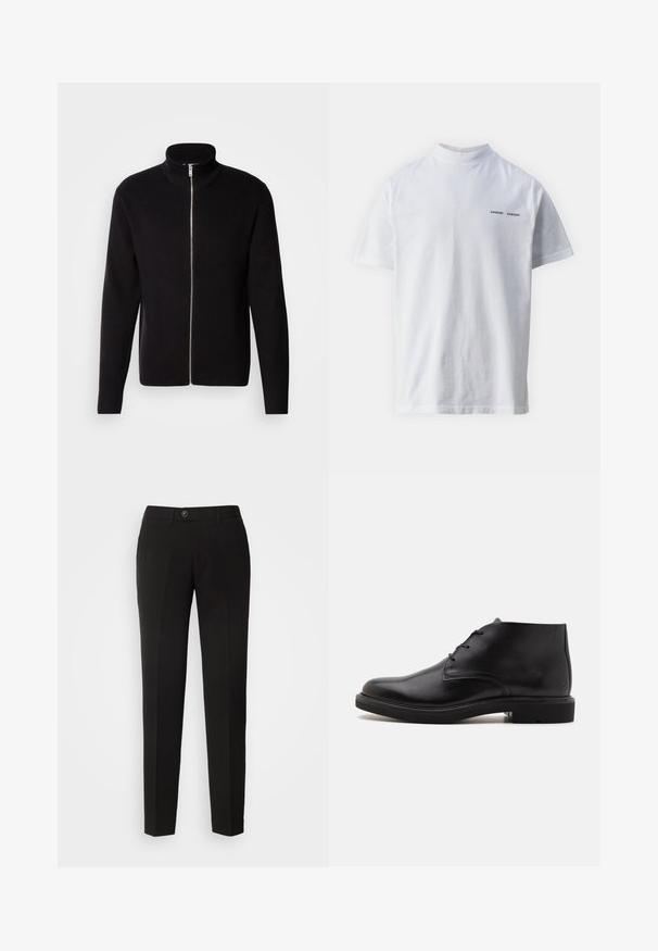 Lindbergh ZIP CARDIGAN - Vest - black; Witte katoenen t-shirt met een hoge hals en korte mouwen. Voorzien van het 'SAMSØE SAMSØE' logo in het zwart op de voorkant. Glad van textuur.; Zwarte rechte broek van gladde stof, met een knoopsluiting en zijzakken in een klassiek ontwerp.; Zwarte leren enkellaars met drie veterogen, een afgeronde neus en platte zool op een effen lichte achtergrond.