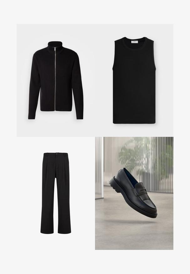Lindbergh ZIP CARDIGAN - Adīta jaka - black; Melna bez piedurknēm ribota tanktop ar apaļu izgriezumu, attēlota plakani uz gaiši pelēka fona.; Melni vīriešu taisna piegriezuma bikses ar jostas cilpām, priekšā ar pogu aizdari un sānu kabatām, attēlotas uz balta fona.; Melnas ādas loaferi ar gludu apdari, dekoratīvu siksniņu un fakturētu paneli priekšpusē, kā arī fakturētu gumijas zolīti.