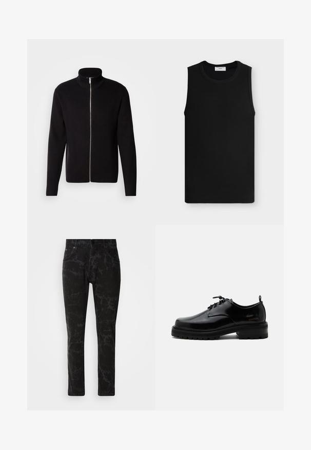 Lindbergh ZIP CARDIGAN - Strickjacke - black; Schwarzes ärmelloses, geripptes Tanktop mit rundem Ausschnitt, flach auf hellgrauem Hintergrund dargestellt.; Schwarze Jeans aus Denim mit marmoriertem Muster, geradem Bein, Fünf-Taschen-Stil und Knopfverschluss am Bund.; Schwarzer polierter Lederschnürschuh mit dicker Gummisohle und niedrigem Absatz, seitlichem Marken-Schriftzug "SAMSOE" und hinterer Zuglasche.