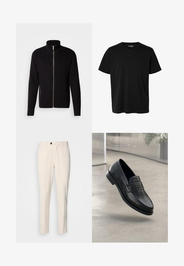 Lindbergh ZIP CARDIGAN - Cardigan - black; Plain black short-sleeve crew neck t-shirt with a men's fit and no visible patterns or logos on the front.; Beige tailored trousers with a flat front, single button closure, and two angled side pockets. Smooth fabric with a slim fit and tapered leg.; Black leather loafer with smooth texture, pointed toe, and a decorative strap across the instep. Lightweight sole, minimal design.
