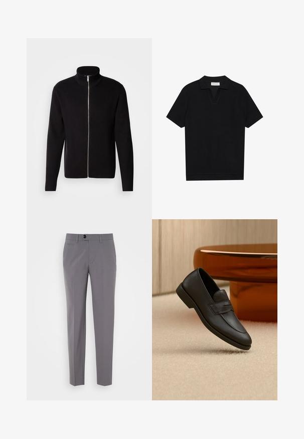 Lindbergh ZIP CARDIGAN - Chaqueta de punto - black; Polo de manga corta negro con tejido texturizado y acanalado, con escote en forma de V y dobladillo recto. Sin logos ni patrones visibles.; Pantalones grises a medida con una textura suave, diseño de pierna recta, cierre de un solo botón y bolsillos frontales. Sin patrones ni acentos visibles.; Mocasín negro de cuero con tacón bajo, detalles cosidos y una correa con marca, colocado sobre una alfombra beige cerca de una mesa de madera redondeada.