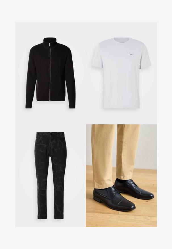 Lindbergh ZIP CARDIGAN - Cardigan - black; Hvid bomulds T-shirt med rund hals, korte ærmer og et lille sort logo på venstre bryst. Glat tekstur og standard pasform.; Sorte denim jeans med et marmor mønster, lige ben design, fem-lomme stil og en knaplukning i taljen.; Sorte læder dress sko med en glat finish, der har en rund tå, snørebåndsdesign og diskret branding på siden, parret med khaki bukser.
