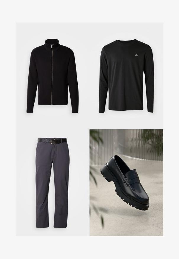 Lindbergh ZIP CARDIGAN - Neuletakki - black; Mustan pitkähihainen T-paita, joka on valmistettu puuvillasta. Siinä on pyöreä kaula-aukko ja pieni valkoinen logo vasemmassa rinnassa. Yksinkertainen muotoilu.; Mustat puuvillahousut suoran leikkauksen omaavina, joissa on kaksi etutaskua ja vyö. Kankaan pinta on sileä ja mattapintainen.; Mustat nahka loaferit, joissa on paksu pohja, koristeellinen nauha ja ompelu yksityiskohtana. Liukas pinta kiiltävällä viimeistelyllä.