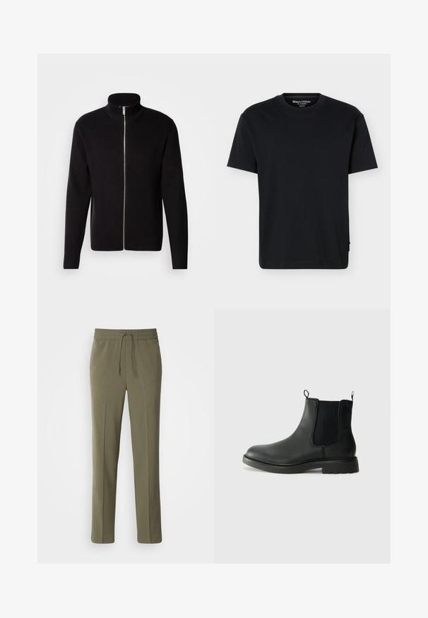 Lindbergh ZIP CARDIGAN - Cardigan - black; Sort T-shirt med korte ærmer og rund hals, afslappet pasform og Marc O’Polo-mærkat på indersiden af kraven på en ensfarvet baggrund.; Olivengrønne, letvægtsbukser med elastisk talje og justerbar snor; lige ben design og glat tekstur.; Sorte læder chelsea støvler med elastiske sidepaneler, trækflapper, rund tå og tekstureret gummisål. Glat overflade og robust design.