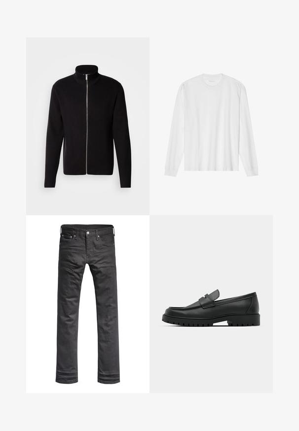 Lindbergh ZIP CARDIGAN - Gilet - black; T-shirt blanc en coton à manches longues avec col rond, doté de poignets côtelés et d'un ourlet droit, texture lisse et design minimaliste.; Jeans en denim noir avec un design classique à jambes droites. Comprend des poches avant, une fermeture à bouton et des détails de couture subtils.; Mocassins en cuir noir à bout arrondi, avec un design cousu, une semelle plateforme basse et une semelle en caoutchouc texturée et crantée.