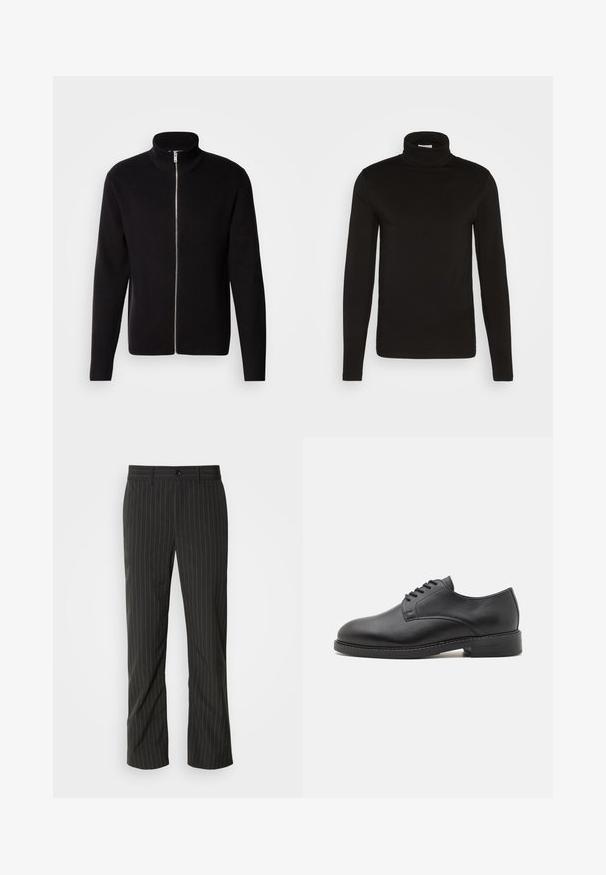 Lindbergh ZIP CARDIGAN - Kardigán - black; Čierny rolák s dlhým rukávom vyrobený z hladkej látky s priliehavým strihom a vysokým, tesným golierom. Žiadne vzory ani akcenty nie sú viditeľné.; Čierne pruhované nohavice so rovným strihom. Majú hladkú textúru, zapínanie na predný gombík a pútka na opasok.; Čierna kožená oxford obuv s okrúhlou špičkou, s hladkým povrchom, päťočkovým šnurovaním a nízkym lepeným podpätkom.