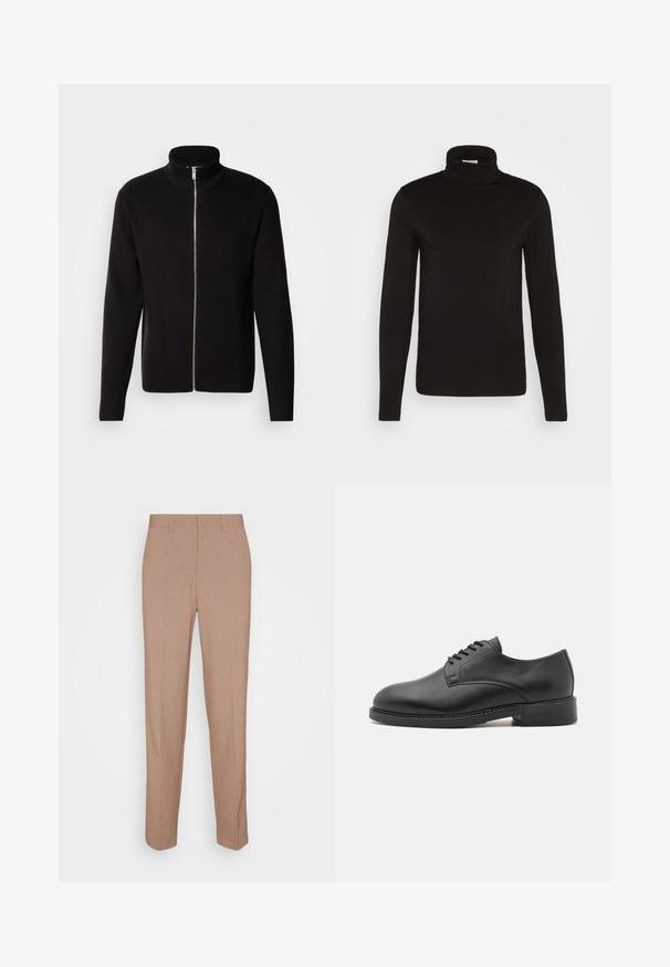Lindbergh ZIP CARDIGAN - Kardigan - black; Musta kõrge kaelusega pikakäiste särk, mis on valmistatud sileda kangaga ja millel on keha lähedane lõige. Mustri või aktsentide puudumine.; Beežid viimistletud püksid siledas, tekstuuriga kangas. Sirge lõige koos vööjoonega, ilma nähtavate kaunistuste või taskuteta.; Must be harja nahast Oxfordi kingad ümarate varvastega, millel on sile viimistlus, viie silmaga paelad ja madal laotud konts.