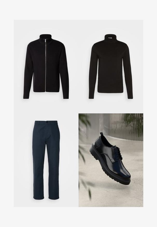 Lindbergh ZIP CARDIGAN - Chaqueta de punto - black; Camiseta de cuello alto de manga larga negra, elaborada en una tela suave con un diseño ajustado y un cuello alto, ceñido. Sin patrones ni acentos visibles.; Chinos azul marino hechos de tela de algodón, con un diseño de pierna recta, cierre de botón y bolsillos laterales para mayor utilidad.; Zapato de cuero negro con un acabado brillante, puntera redonda, diseño de cordones, costuras de contraste y una suela de goma gruesa con patrones de tracción.