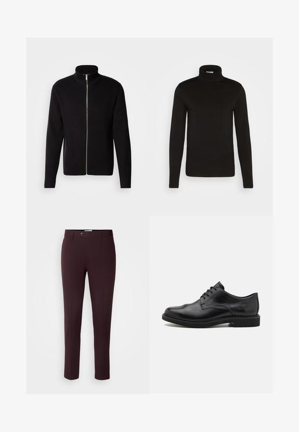 Lindbergh ZIP CARDIGAN - Cardigan - black; Sort turtleneck langærmet skjorte lavet af et glat stof med en tætsiddende design og en høj, tætsiddende krave. Ingen mønstre eller accenter synlige.; Mørkeburgunder bukser med slim fit, der har knaplukning, bæltestropper og frontfolder. Glat stof med et glat design.; Sort herre lædersko med snørebånd og lav hæl, vist fra siden mod en ensartet lys baggrund.