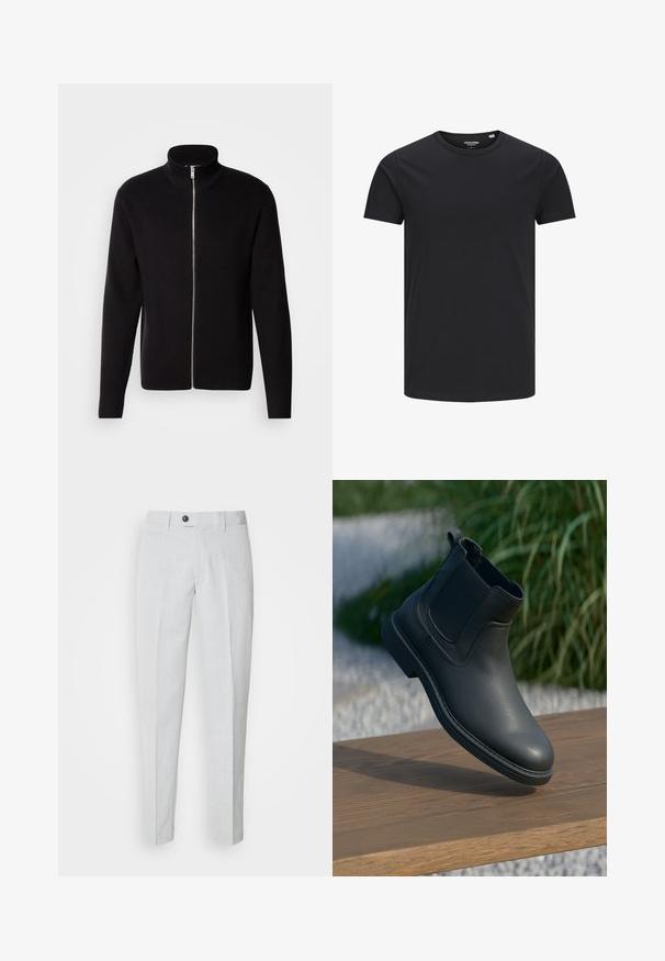 Lindbergh ZIP CARDIGAN - Cardigan - black; Sort bomulds T-shirt med rund hals, korte ærmer og et enkelt design. Glat tekstur, ingen mønstre eller synligt tilbehør.; Lys grå bukser lavet af tekstureret stof, med knaplukning, flad front og smalle ben for en strømlinet pasform.; Sort læder ankelstøvle med elastiske sidepaneler, strukturerede accenter og en gummisål; udstillingen inkluderer en træoverflade og grønne planter.