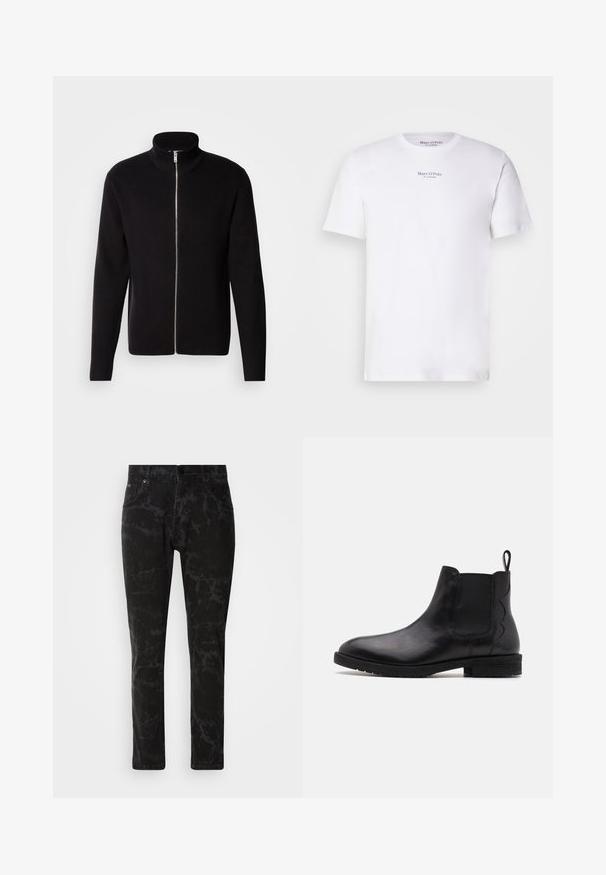 Lindbergh ZIP CARDIGAN - Strickjacke - black; Weißes T-Shirt mit kurzen Ärmeln aus Baumwolle und Rundhalsausschnitt. Mit dem schwarzen "Marc O'Polo"-Logo auf der Brust. Glatte Textur, minimalistisches Design.; Schwarze Jeans aus Denim mit marmoriertem Muster, geradem Bein, Fünf-Taschen-Stil und Knopfverschluss am Bund.; Schwarze Leder-Chelsea-Stiefel mit elastischen Seitenteilen, runder Zehenpartie und einem niedrigen Blockabsatz. Mit einer Zuglasche hinten für einfaches Anziehen.