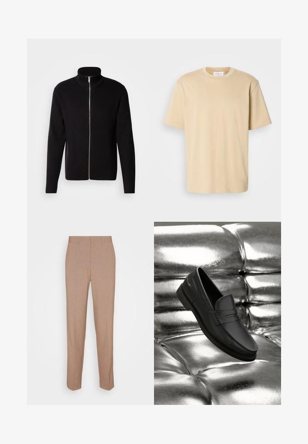 Lindbergh ZIP CARDIGAN - Strickjacke - black; Beige Kurzarm-T-Shirt aus weichem Stoff. Es hat einen runden Halsausschnitt und eine legere Passform ohne sichtbare Muster oder Akzente.; Beige, maßgeschneiderte Hose aus glattem, strukturiertem Stoff. Gerade Passform mit Bund, ohne sichtbare Verzierungen oder Taschen.; Schwarze Lederloafers mit glatter Oberfläche, mit Ziernähte und klassischem Design, präsentiert vor einem metallischen, glänzenden Hintergrund.