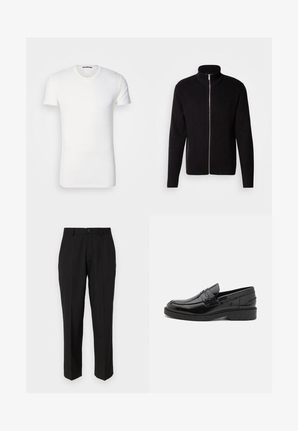 Lindbergh ZIP CARDIGAN - Cardigan - black; Hvid bomulds T-shirt med korte ærmer, rund halsudskæring og broderet logo på brystet. Glat tekstur og tætsiddende design.; Sorte bukser lavet af glat stof, med lige ben design, forlommer, en enkelt knaplukning, og uden synlige mønstre.; Sorte læder loafers med en glat finish, rund tå, lav hæl og dekorativ syning langs forsiden. Gummisål for godt greb.
