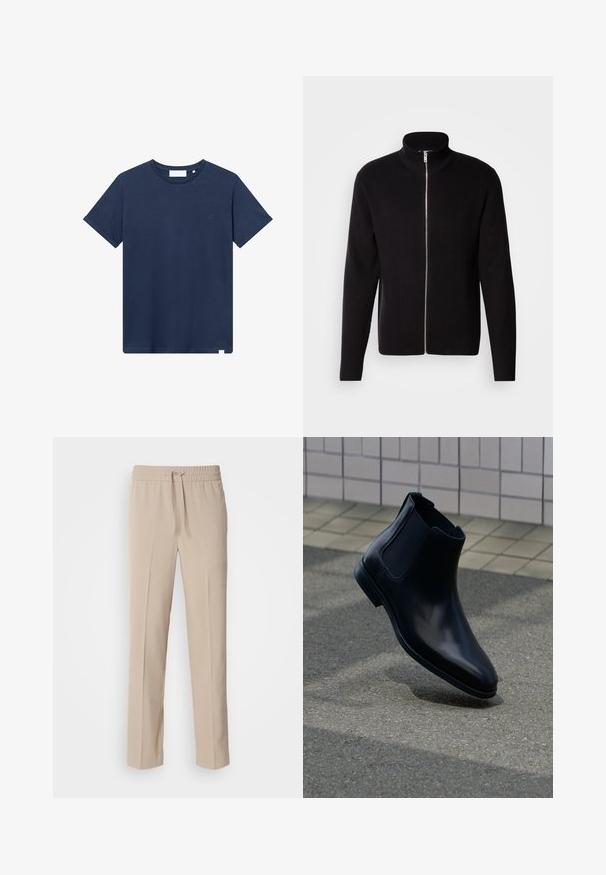 Lindbergh ZIP CARDIGAN - Chaqueta de punto - black; Camiseta de algodón azul marino con cuello redondo, mangas cortas y un pequeño logotipo bordado en el lado izquierdo del pecho. Textura suave.; Pantalones beige de corte relajado, hechos de una tela suave, con una cinturilla elástica y cordón ajustable, y piernas rectas con acentos mínimos.; Botín Chelsea de cuero negro con paneles laterales elásticos mostrado sobre pavimento gris y fondo de pared enlosada.