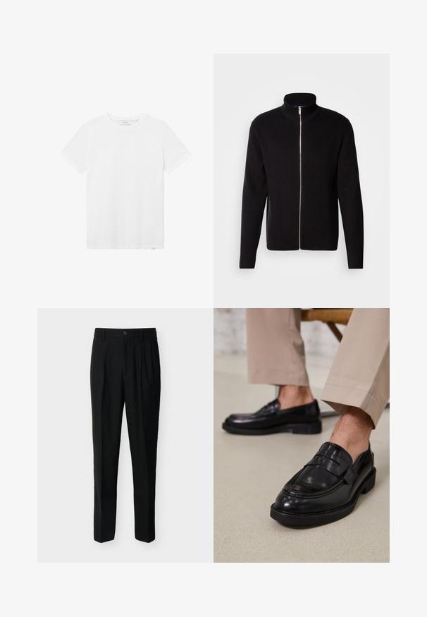 Lindbergh ZIP CARDIGAN - Cardigan - black; Hvid bomulds t-shirt med rund halsudskæring, korte ærmer og en diskret logo detalje på brystet. Glat tekstur og standard pasform.; Sorte, skræddersyede bukser med høj talje, bæltestropper, forreste læg, sidelommer samt knap- og lynlåslukning.; Sorte lædermokkasiner med en glat overflade, der har en dekorativ rem og kontraststing, parret med beige bukser.