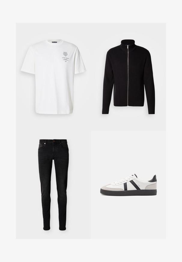 Lindbergh ZIP CARDIGAN - Strickjacke - black; Weißes Baumwoll-T-Shirt mit rundem Halsausschnitt, kurzen Ärmeln und einem grauen Logo- und Textdruck auf der Vorderseite.; Schwarze enge Jeans mit fünf Taschen, Knopfverschluss und Gürtelschlaufen, präsentiert vor einem schlichten hellgrauen Hintergrund.; Weiße Sneaker mit schwarz- und grau-aczenten, ausgestattet mit einer strukturierten grauen Zehenkappe, schwarzer Gummi-Sohle und flachen weißen Schnürsenkeln. Sauberes Design, minimalistische Stil.