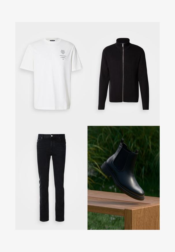 Lindbergh ZIP CARDIGAN - Strickjacke - black; Weißes Baumwoll-T-Shirt mit rundem Halsausschnitt, kurzen Ärmeln und einem grauen Logo- und Textdruck auf der Vorderseite.; Schwarze Denim-Jeans mit einer schmalen Passform, ausgestattet mit einer Vordertasche, Gürtelschlaufen und einem Knopfverschluss. Glatte Textur, minimalistisches Design.; Schwarze Leder-Stiefelette mit elastischen Seitenpaneelen, schwebend über einer hölzernen Bank, mit grünem Laub im Hintergrund.