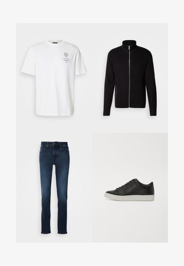 Lindbergh ZIP CARDIGAN - Cardigan - black; Hvid bomulds t-shirt med rund halsudskæring, korte ærmer og et trykt logo og tekstdesign på forsiden i grå.; Mørkeblå denim jeans med lige ben-design, fem-lomme stil, frontknaplukning og subtilt slid på lårene.; Sorte lædersneakers med rund tå, flad hvid gummisål og seks huller til snørebånd. Glat overflade, minimalistisk stil.