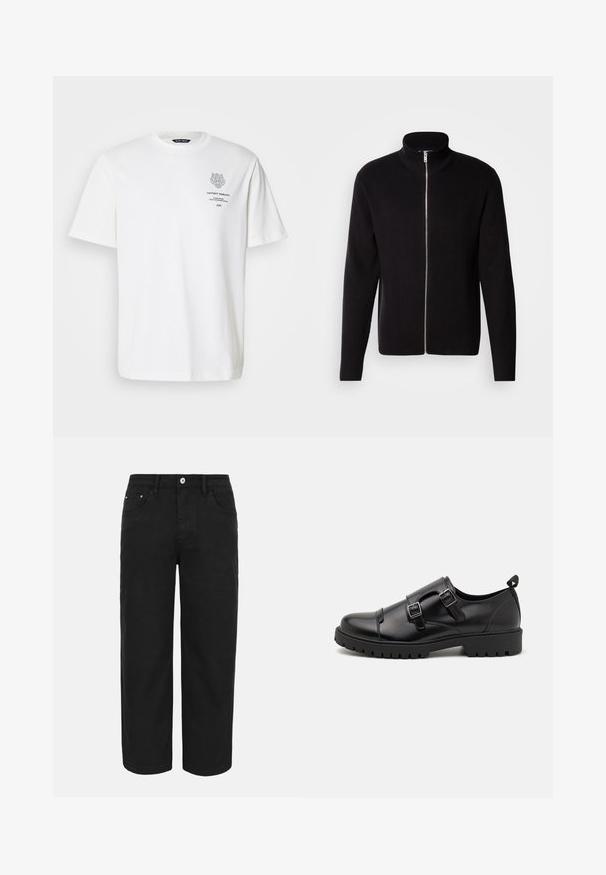 Lindbergh ZIP CARDIGAN - Cardigan - black; Hvid bomulds t-shirt med rund halsudskæring, korte ærmer og et trykt logo og tekstdesign på forsiden i grå.; Sorte bukser med lige ben, forrest med knap- og lynlåslukning, bæltestropper og tre forlommer på en ensfarvet lys baggrund.; Pier One by Zalando Business loafers - black