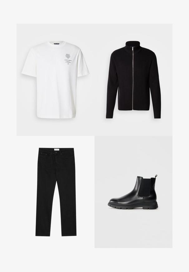 Lindbergh ZIP CARDIGAN - Cardigan - black; Hvid bomulds t-shirt med rund halsudskæring, korte ærmer og et trykt logo og tekstdesign på forsiden i grå.; Sorte lige ben jeans med fem-lomme design, knap- og lynlåslukning samt et Pier One mærkeetiket på taljen.; Sorte læder Chelsea-boots med elastiske paneler, rund tå og tekstureret gummisål. Har en løkkering bagpå for nem påklædning.