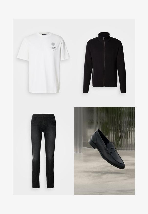 Lindbergh ZIP CARDIGAN - Chaqueta de punto - black; Camiseta de algodón blanca con cuello redondo, mangas cortas y un diseño impreso de logo y texto en la parte delantera en gris.; Vaqueros de mezclilla negra con corte recto, que cuentan con cinco bolsillos, cierre de botón y una textura de tela sutil. Sin desgastes o patrones visibles.; Zapato tipo mocasín de cuero negro con acabado liso, punta puntiaguda y detalles cosidos en la pala. Tacón bajo y diseño minimalista.