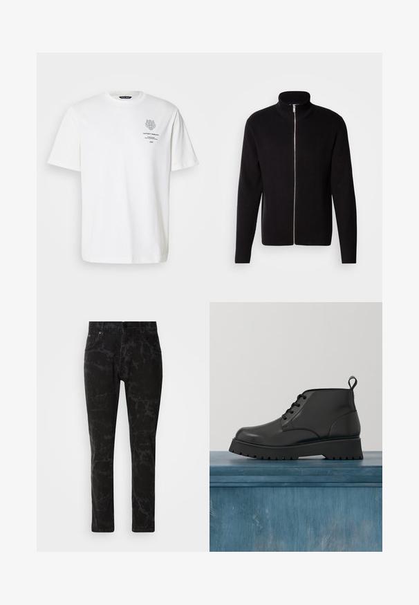 Lindbergh ZIP CARDIGAN - Chaqueta de punto - black; Camiseta de algodón blanca con cuello redondo, mangas cortas y un diseño impreso de logo y texto en la parte delantera en gris.; Jeans de denim negro con un patrón veteado, diseño de pierna recta, estilo de cinco bolsillos y un cierre de botón en la cintura.; Botín de piel negra con acabado brillante. Presenta una puntera redondeada, diseño de cordones y una suela gruesa con estrías para mayor tracción.