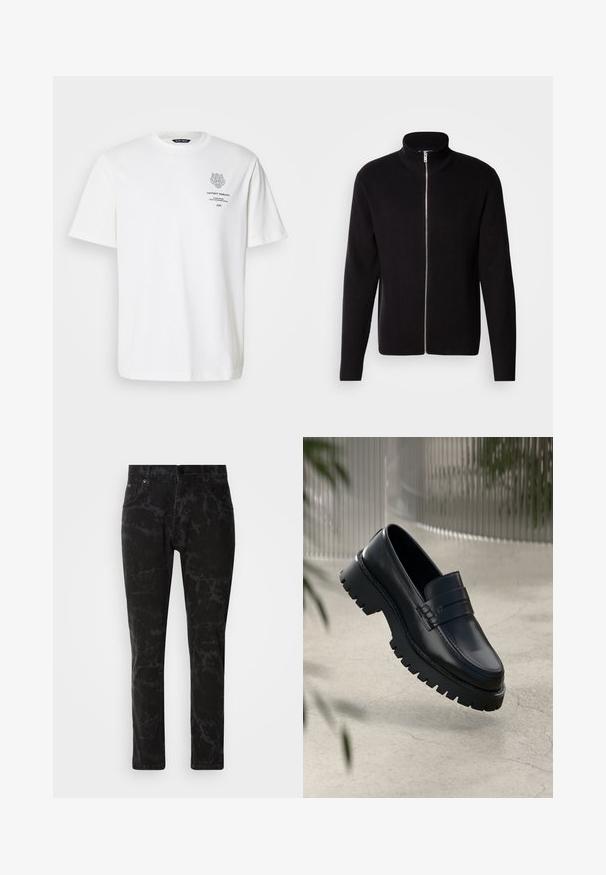 Lindbergh ZIP CARDIGAN - Cardigan - black; Hvid bomulds t-shirt med rund halsudskæring, korte ærmer og et trykt logo og tekstdesign på forsiden i grå.; Sorte denim jeans med et marmor mønster, lige ben design, fem-lomme stil og en knaplukning i taljen.; Sorte læder loafers med en chunky sål, der har en dekorativ rem og syninger. Glat tekstur med en poleret overflade.