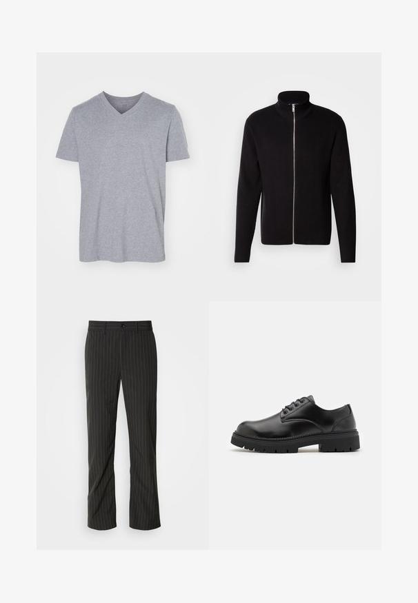 Lindbergh ZIP CARDIGAN - Kardigán - black; Sivá bavlnená tričko s V-štýlovým výstrihom, krátkymi rukávmi a uvoľneným strihom. Mäkko, ľahký materiál bez viditeľných vzorov alebo ozdôb.; Čierne pruhované nohavice so rovným strihom. Majú hladkú textúru, zapínanie na predný gombík a pútka na opasok.; Čierne kožené topánky s okrúhlou špičkou, šnurovací dizajn a hrubou, textúrovanou gumovou podrážkou. Má šitie pozdĺž okraja a hladký povrch.