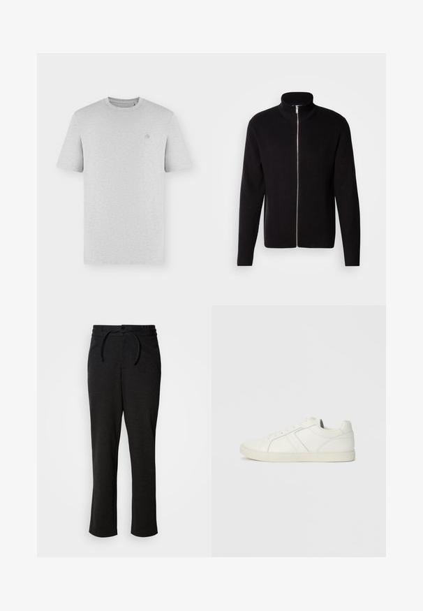 Lindbergh ZIP CARDIGAN - Gilet - black; T-shirt uni gris clair à manches courtes, col rond, avec un petit logo brodé discret sur le côté gauche de la poitrine.; Pantalons en tricot noirs avec un waistband à cordon de serrage, coupe droite et poches latérales. Texture douce avec une finition lisse.; Baskets blanches en cuir montantes basses avec fermeture à lacets et semelle en caoutchouc plate, vues du côté intérieur sur un fond uni.