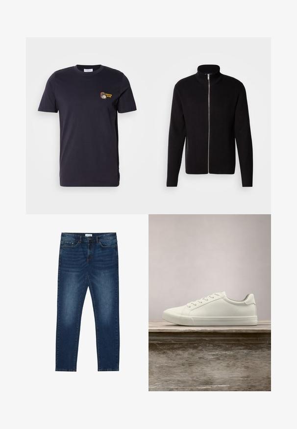 Lindbergh ZIP CARDIGAN - Chaqueta de punto - black; Camiseta de algodón de color azul marino oscuro con mangas cortas y cuello redondo. Presenta un pequeño diseño bordado con texto en el área del pecho izquierdo.; Vaqueros ajustados de color azul oscuro con detalles desgastados, diseño clásico de cinco bolsillos, cierre de botón y presillas para cinturón.; Zapatilla blanca con cordones flotando sobre un banco de madera con follaje verde al fondo, mostrando el diseño y la textura del zapato.