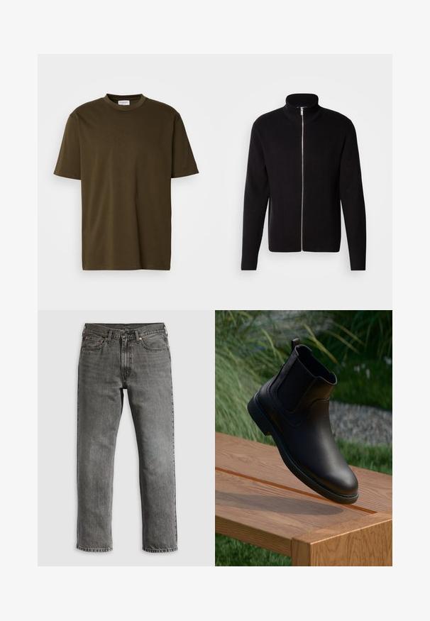 Lindbergh ZIP CARDIGAN - Kardigan - black; Üksikasjad: Ühed seljad, lühikeste varrukatega, oliivroheline T-särk ümmarguse kaeluse ja nähtava valge brändi etiketi küljes, esitatud valgel taustal.; Hallid teksapüksid sirge sääre lõikega, viie tasku, vaskrivide ja nähtava õmblusega. Klassikaline disain lukuvisiga.; Must nahast pahkluu saabas elastsete külgpaneelidega, ümarate varvaste ja tekstuurse kummist tallaga, hõljub puidust laua kohal.