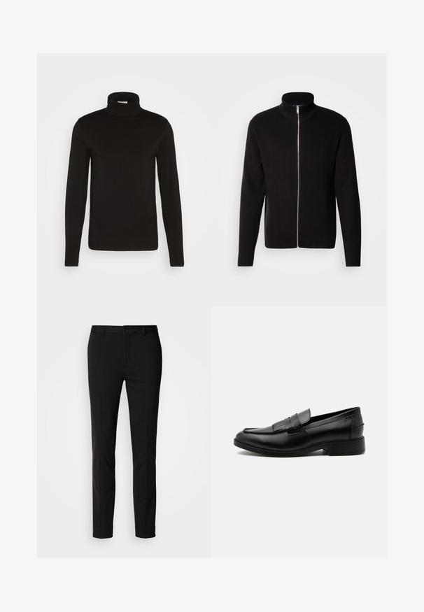 Lindbergh ZIP CARDIGAN - Cardigan - black; Sort turtleneck langærmet skjorte lavet af et glat stof med en tætsiddende design og en høj, tætsiddende krave. Ingen mønstre eller accenter synlige.; Sorte bukser med slim fit, der har knaplukning og bæltestropper. Lavet af glat stof med en let glans, uden synlige mønstre.; Sort læder herre loafers med kvast detalje, rundet tå, lav hæl og glat poleret finish, vist fra siden på hvid baggrund.