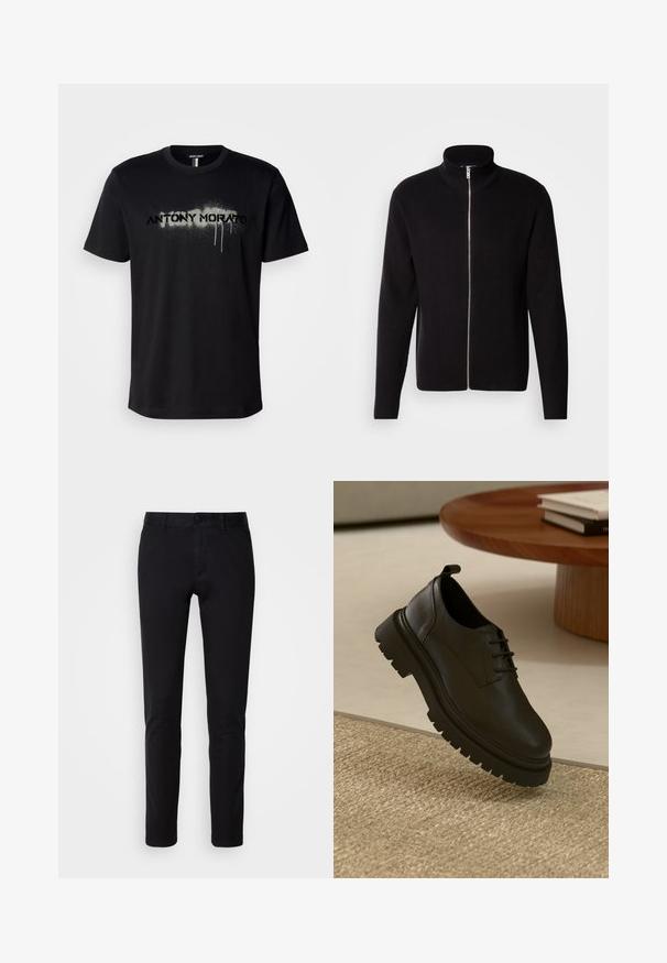 Lindbergh ZIP CARDIGAN - Strickjacke - black; Schwarzes Baumwoll-T-Shirt mit einem gesprühten Schriftzug "ANTONY MORATO" in Grau mit tropfenden Details, kurzen Ärmeln und rundem Halsausschnitt.; Schwarze Hosen aus glattem Baumwollstoff, mit geradem Bein, Fronttaschen, Knopfverschluss und sauberem Finish.; Schwarzer Lederschuh mit strukturierten Oberflächen, runder Zehenpartie, Schnürdesign und einer stabilen schwarzen Gummisohle. Schwebt über einem gewebten Teppich.