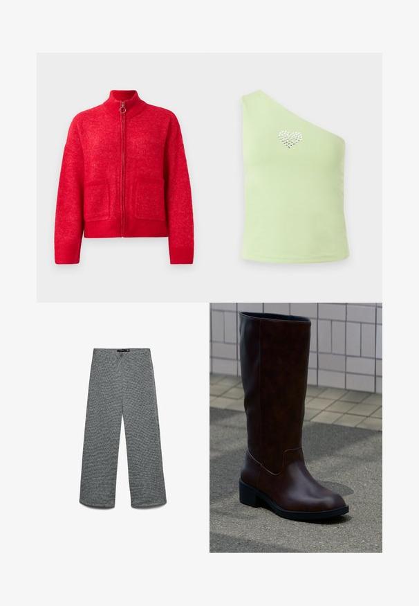 Rød lynlås cardigan med høj krave, to forlommer, ribbede manchetter og kant, præsenteret mod en ensfarvet hvid baggrund.; Én- skulder top i lysegrønt stof med en glat tekstur. Har et hjerte design lavet af sølv rhinsten på brystområdet.; Bukser med vide ben i et tekstureret gråt strikket stof. Har en høj talje og lige ben, hvilket giver en afslappet pasform hele vejen.; Mørkebrun læderstøvle til midt på læggen med rund tå og lav blokhæl, der står på fortov nær flisebelagt væg.