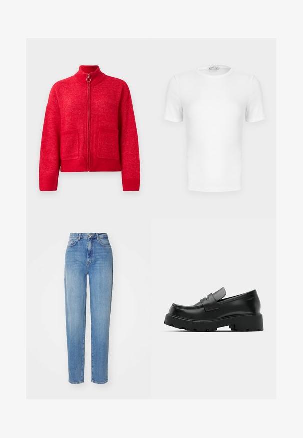 Cardigan zippé rouge avec col montant, deux poches avant, poignets et ourlet côtelés, présenté sur fond blanc uni.; T-shirt blanc à manches courtes, côtelé, col rond avec une coupe ajustée et une petite étiquette de marque à l'intérieur du col.; Jean taille haute bleu clair avec une coupe droite. Fabriqué en denim, avec cinq poches et une fermeture à bouton à l'avant. Texture lisse.; Mocassins en cuir noir avec une semelle épaisse et texturée, dotés d'une sangle sur le vamp et d'une finition lisse et polie.