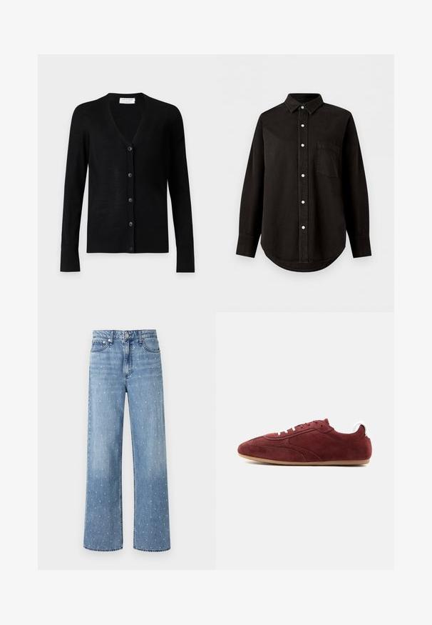 Cardigan noir à manches longues avec col en V et cinq boutons sur le devant, en maille fine.; Chemise noire à manches longues avec boutons, col et poche poitrine, présentée sur fond blanc uni.; Jean large à taille haute bleu clair avec des ornements en clous argentés, bouton avant, fermeture éclair et design à cinq poches.; Baskets en daim bordeaux profil bas avec lacets blancs et languette au talon, semelle en caoutchouc beige, détails de couture sur le côté, vues de l'extérieur.