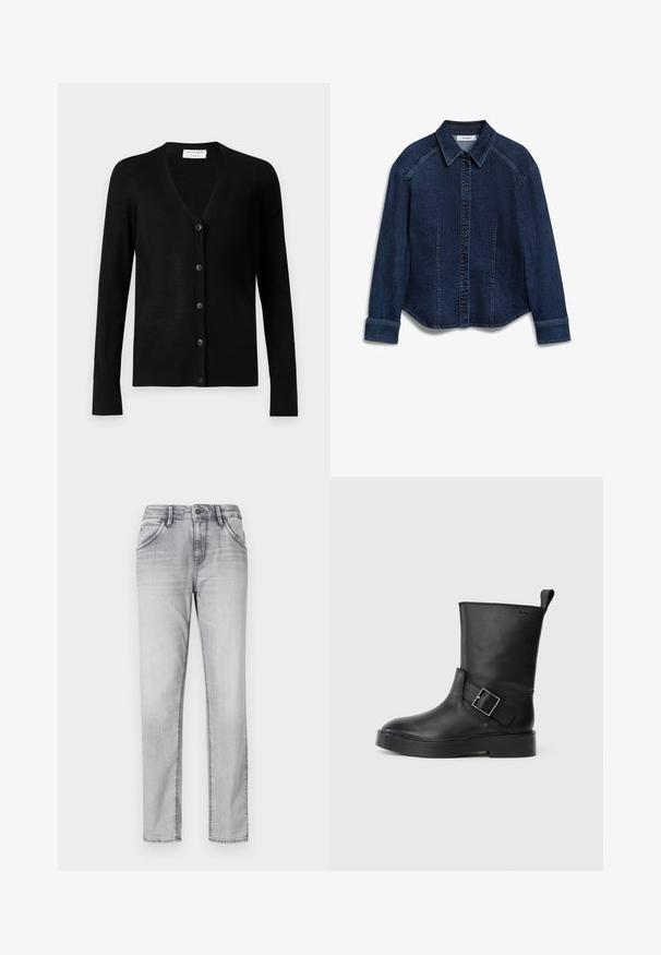 Sort langærmet V-hals cardigan med fem knapper foran, lavet af fint strikket materiale.; Mørk denim skjorte med knapper, der har klassisk krave, lange ærmer og dekorative stikninger, samt sidelommer og en let buet kant.; Grå denim jeans med en klassisk pasform, der har knaplukning, fem lommer og subtil falming for tekstur. Lige ben design.; Sort læder ankelstøvle med rund tå, flad sål og en sølv spænde accent på siden. Har en løkke bagpå til nem påtagning.