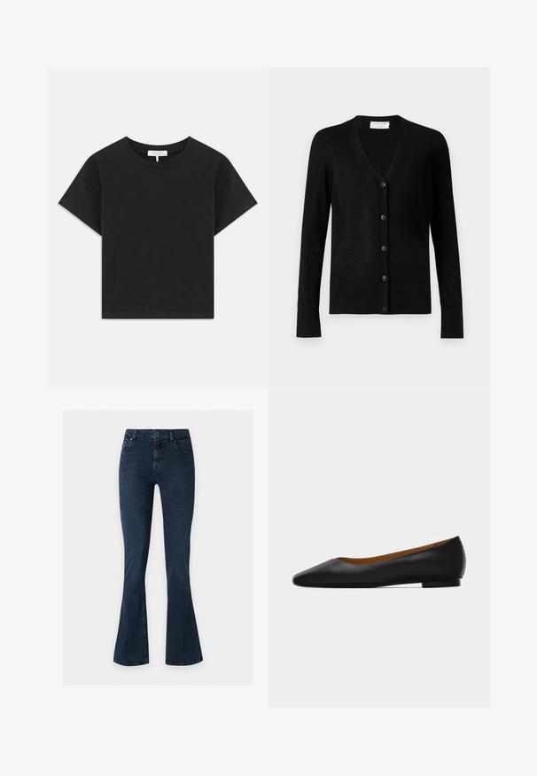 Cardigan noir à manches longues avec col en V et cinq boutons sur le devant, en maille fine.; T-shirt noir cropped en coton, avec un col rond, des manches courtes et un design simple sans motifs ni embellissements.; Jean en denim bleu foncé à taille haute et jambes évasées, avec poches avant, passants de ceinture et fermeture par bouton.; Chaussure plate en cuir noir à bout pointu avec talon bas et finition lisse, vue de côté sur un fond gris clair.