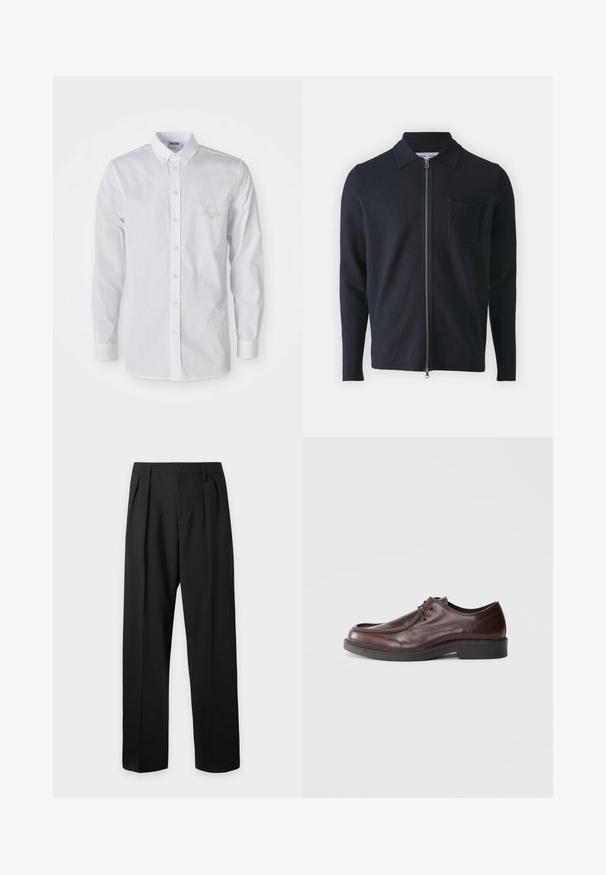 Pull zippé marine avec col, manches longues et poche poitrine. Fabriqué à partir d'un tissu doux avec une texture lisse.; Chemise blanche à manches longues, à col boutonné, avec un logo brodé discret sur la poitrine gauche.; Pantalon formel noir avec plis, passants de ceinture et fermeture par bouton à la taille, présenté sur un fond clair uni.; Chaussure habillée en cuir marron avec un bout arrondi, des accents de couture minimum, et une semelle noire robuste. Présente un système de laçage et une texture lisse.