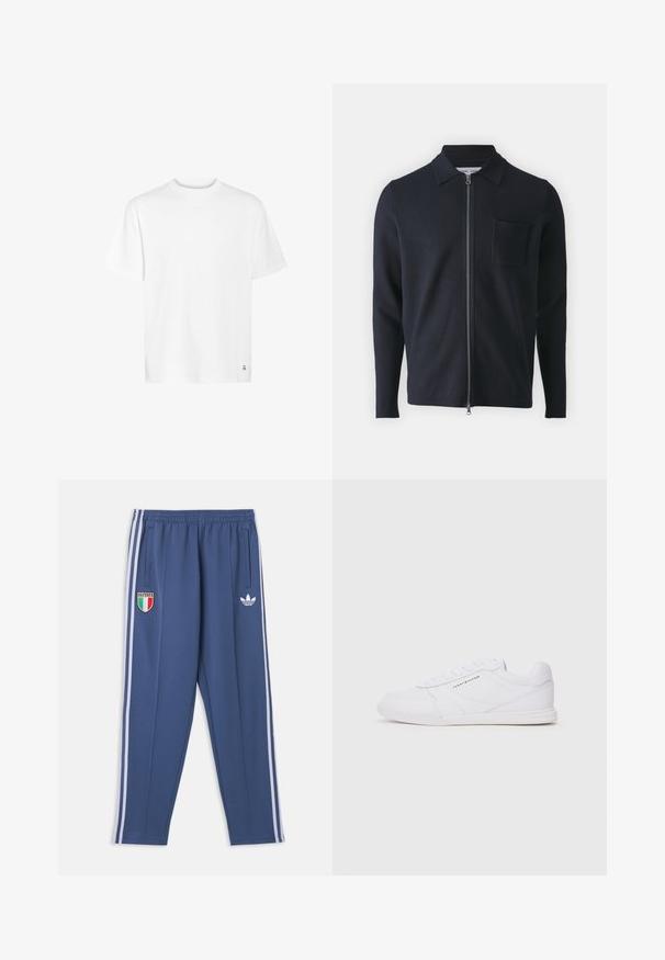 Suéter azul marino con cremallera, con cuello, mangas largas y bolsillo en el pecho. Fabricado con una tela suave y de textura lisa.; Camiseta de algodón blanca con escote redondo, mangas cortas y dobladillo recto. Presenta un pequeño detalle de logo en la esquina inferior.; Pantalones de chándal azules con franjas blancas laterales, cintura elástica, parche con la bandera de Italia en el muslo izquierdo y logo blanco de Adidas trefoil en el muslo derecho.; Zapatillas blancas con una parte superior sintética suave, punta redondeada, acentos laterales perforados y cordones planos. Diseño minimalista con un branding sutil.