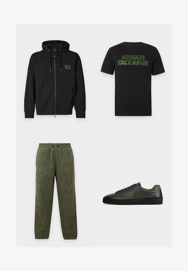 Sudadera negra con cremallera, bolsillos frontales, capucha con cordón y pequeño parche con el logo dorado de Armani Exchange en el lado izquierdo del pecho.; Camiseta negra de manga corta con el texto "ARMANI EXCHANGE" en verde neón contorneado en el pecho sobre un fondo blanco liso.; Joggers de forro polar verde oliva con cintura y puños elásticos, que presentan un sutil patrón tonal del logo de EA7 en toda la prenda.; Zapatilla baja de piel gris oscuro con cordones y suela negros, diseño minimalista, perfil lateral sobre un fondo claro y liso.