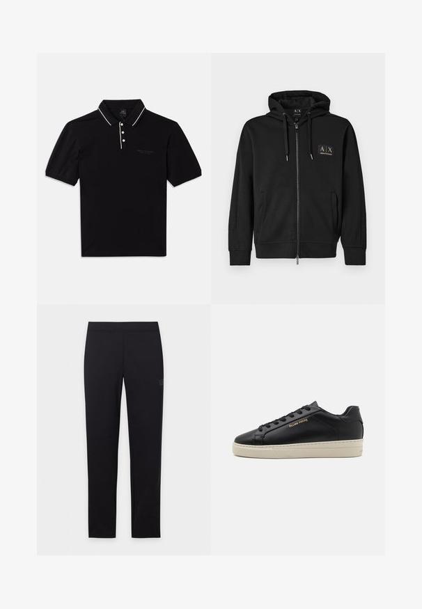 Haut à capuche zippé noir avec poches avant, cordon de serrage à la capuche et petit patch logo doré Armani Exchange sur la poitrine gauche.; Polo noir en coton avec col, trois boutons, accents blancs et un logo discret sur le devant. Manches courtes.; Legging noir slim avec ceinture élastique, présenté à plat sur un fond blanc.; Sneaker en cuir noir avec une finition lisse, semelle crème contrastante, bout arrondi, logo doré sur le côté et six œillets pour les lacets.