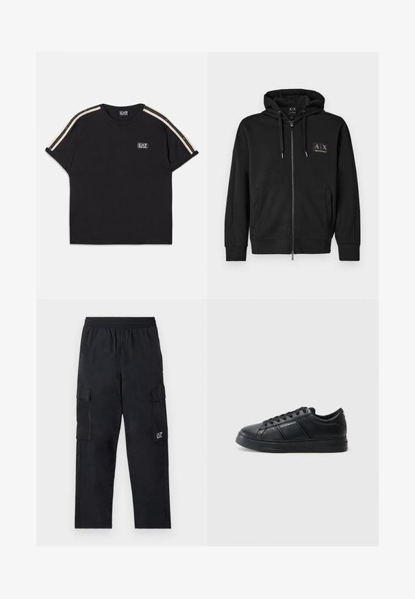 Sort zip-up hoodie med frontlommer, snoretræk i hætten og lille guld Armani Exchange logo-patch på venstre bryst.; Sort bomulds T-shirt med korte ærmer. Har kontrasterende brune striber på skuldrene og et lille mærkede logo på brystet.; Sorte cargo bukser med elastisk talje, sidelommer og et lille logo på venstre ben. Fremstillet af let, glat stof.; Sorte lædersneakers med en glat finish, rund tå, snørebånd foran, polstret krave og teksturerede sideaccenter. Subtile logo-detaljer synlige.