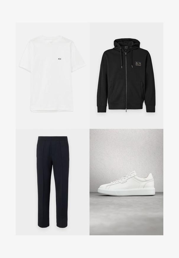 Sudadera negra con cremallera, bolsillos frontales, capucha con cordón y pequeño parche con el logo dorado de Armani Exchange en el lado izquierdo del pecho.; Camiseta de algodón blanca con mangas cortas y cuello redondo, con un pequeño logo negro en el lado izquierdo del pecho. Textura suave, diseño básico.; Pantalones negros de pierna recta con detalle de costura frontal, cintura elástica y bolsillos laterales sobre un fondo claro liso.; Zapatilla de cuero blanca con punta redonda, cierre de cordones plano y suela de goma gris. Presenta costuras sutiles y un acento de logo.