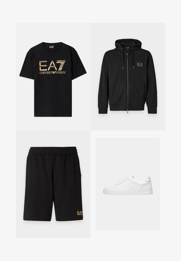Sudadera negra con cremallera, bolsillos frontales, capucha con cordón y pequeño parche con el logo dorado de Armani Exchange en el lado izquierdo del pecho.; Camiseta de algodón negra de manga corta, con un logo dorado impreso de "EA7 EMPORIO ARMANI" en la parte frontal. Diseño simple, cuello redondo.; Pantalones cortos deportivos negros de tejido suave, con una cintura elástica y un pequeño logo amarillo de EA7 en la parte inferior de la pierna izquierda.; Zapatilla deportiva blanca de corte bajo con diseño con cordones, parte superior de cuero liso y suela gruesa, vista de lado sobre un fondo liso.