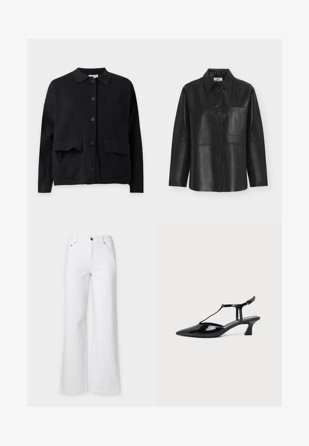 Cardigan noir à manches longues avec boutons, col et trois poches avant sur un fond clair uni.; Chemise noire à manches longues avec boutons, col pointu et une poche poitrine simple en cuir lisse.; Jean en denim blanc taille haute avec fermeture à bouton et zip, poches avant et jambes larges.; Chaussure slingback en cuir verni noir à bout pointu avec bride en T et petit talon bloc incliné sur fond blanc.