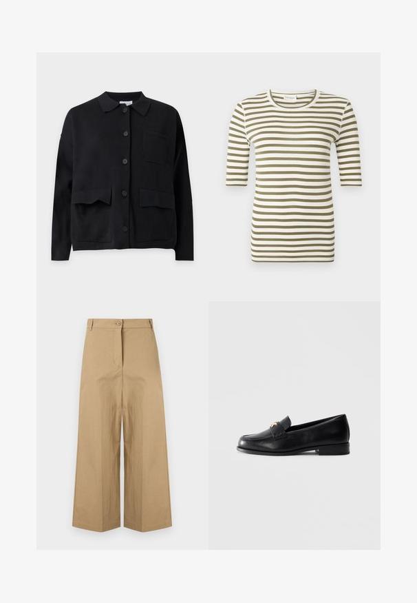 Cardigan noir à manches longues avec boutons, col et trois poches avant sur un fond clair uni.; Chemise à manches courtes avec des rayures horizontales vert olive et blanches et un col rond sur un fond uni.; Pantalon beige taille haute à jambes larges, avec passants pour ceinture, fermeture avant par boutons et une fermeture éclair cachée.; Mocassin en cuir noir avec un petit talon et un emblème décoratif en or sur la sangle, présenté sur un fond gris clair uni.